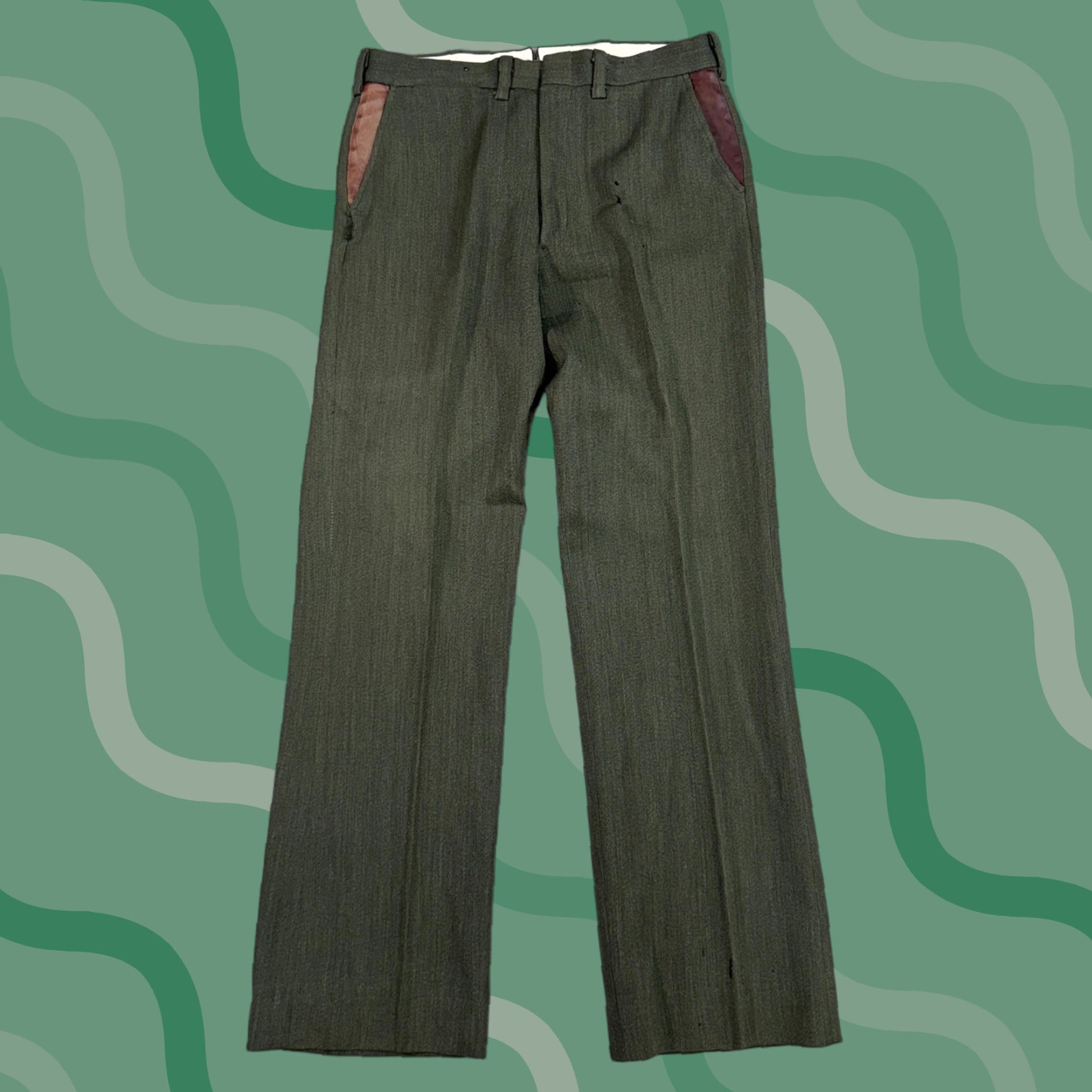 Vintage VINTAGE L.L. Bean Pants Mens 29 Green Wool Dress Pants Tweed Flat Front Zipper Pockets 70s Talon Zip Flap Size US 29 - 1 Thumbnail