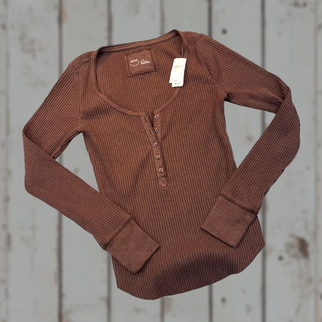 Vintage Aerie Sweater Women's XS Brown Ribbed Long Sleeve NWT Stretch Fits Pullover Casual Shirt Size XS / US 0-2 / IT 36-38 - 1 Thumbnail