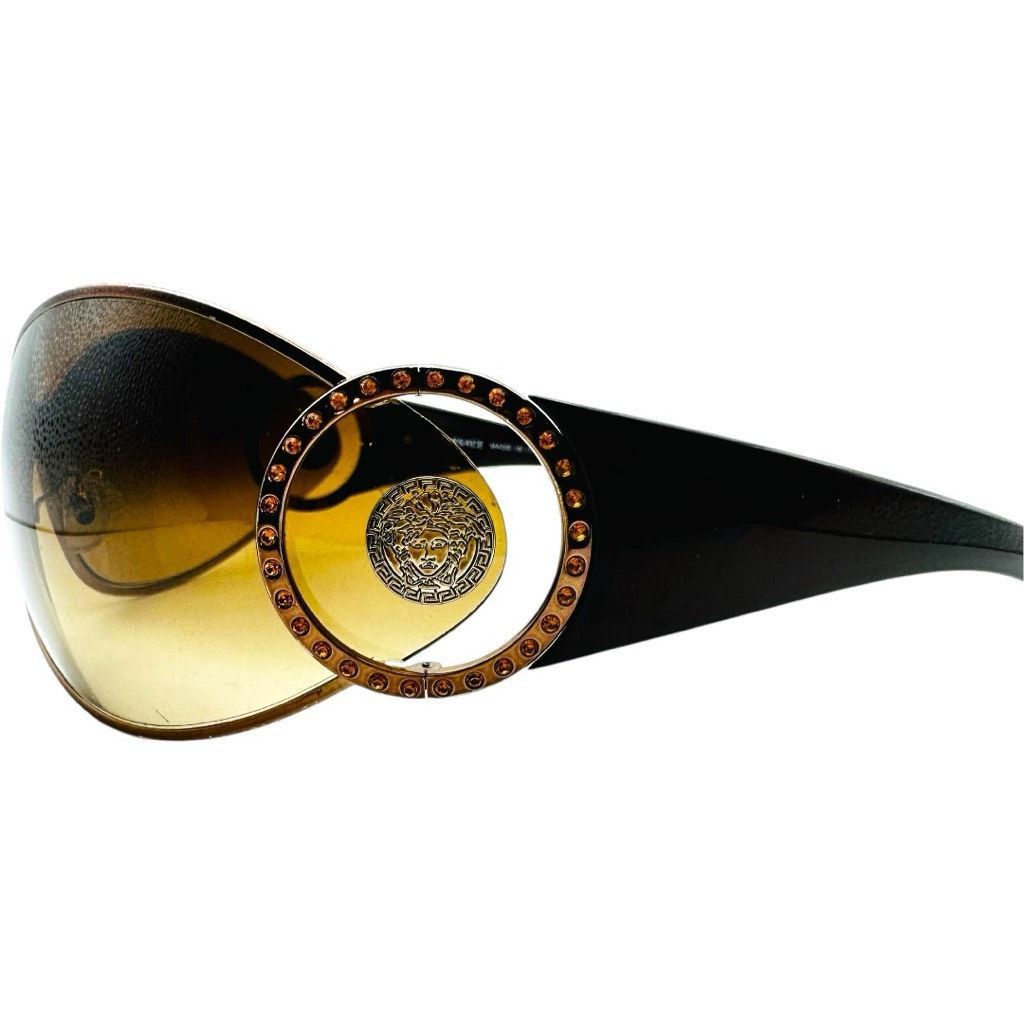 Versace VERSACE Medusa Logo Sunglasses Brown Gold SWAROVSKI Crystal Embellished Shield Oversized Made In Italy Luxury Designer Sunglasses 2064-B 1169/13 87[]12 110 Size ONE SIZE - 2 Thumbnail