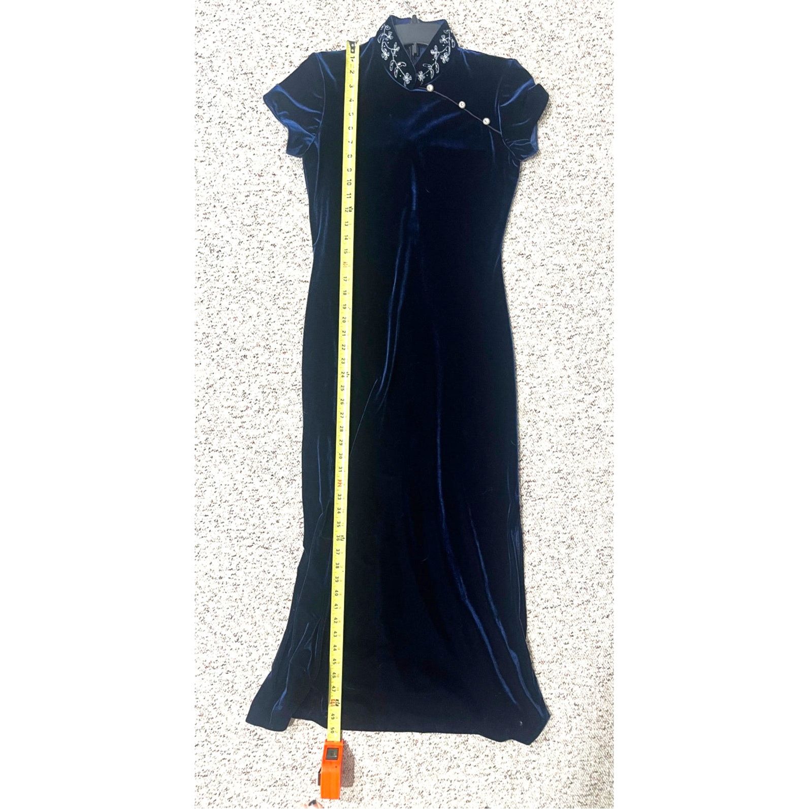 Vintage Cheongsam Dress Mandarin Collar Chinese Navy Blue Velvet 6 Size M / US 6-8 / IT 42-44 - 4 Thumbnail