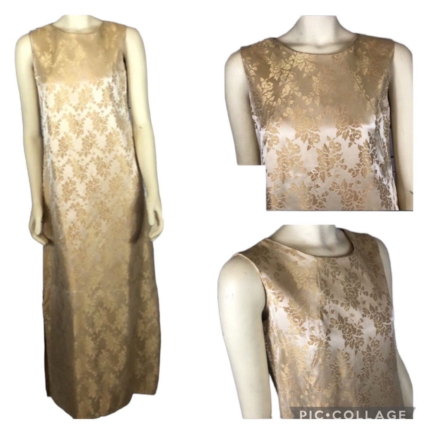 Vintage Vintage 1960s Gold Satin Damask sleeveless maxi Dress Large Size L / US 10 / IT 46 - 1 Thumbnail