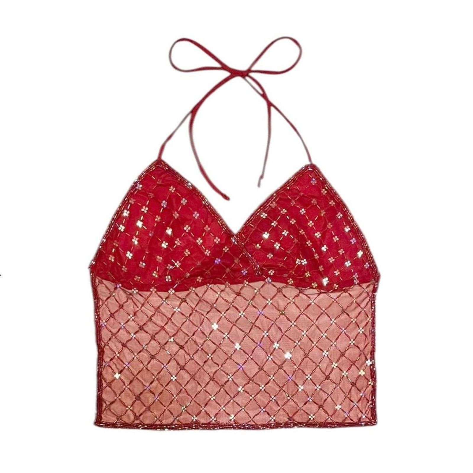 Vintage Deadstock VTG y2k red sequin beaded backless halter top Size S / US 4 / IT 40 - 1 Thumbnail
