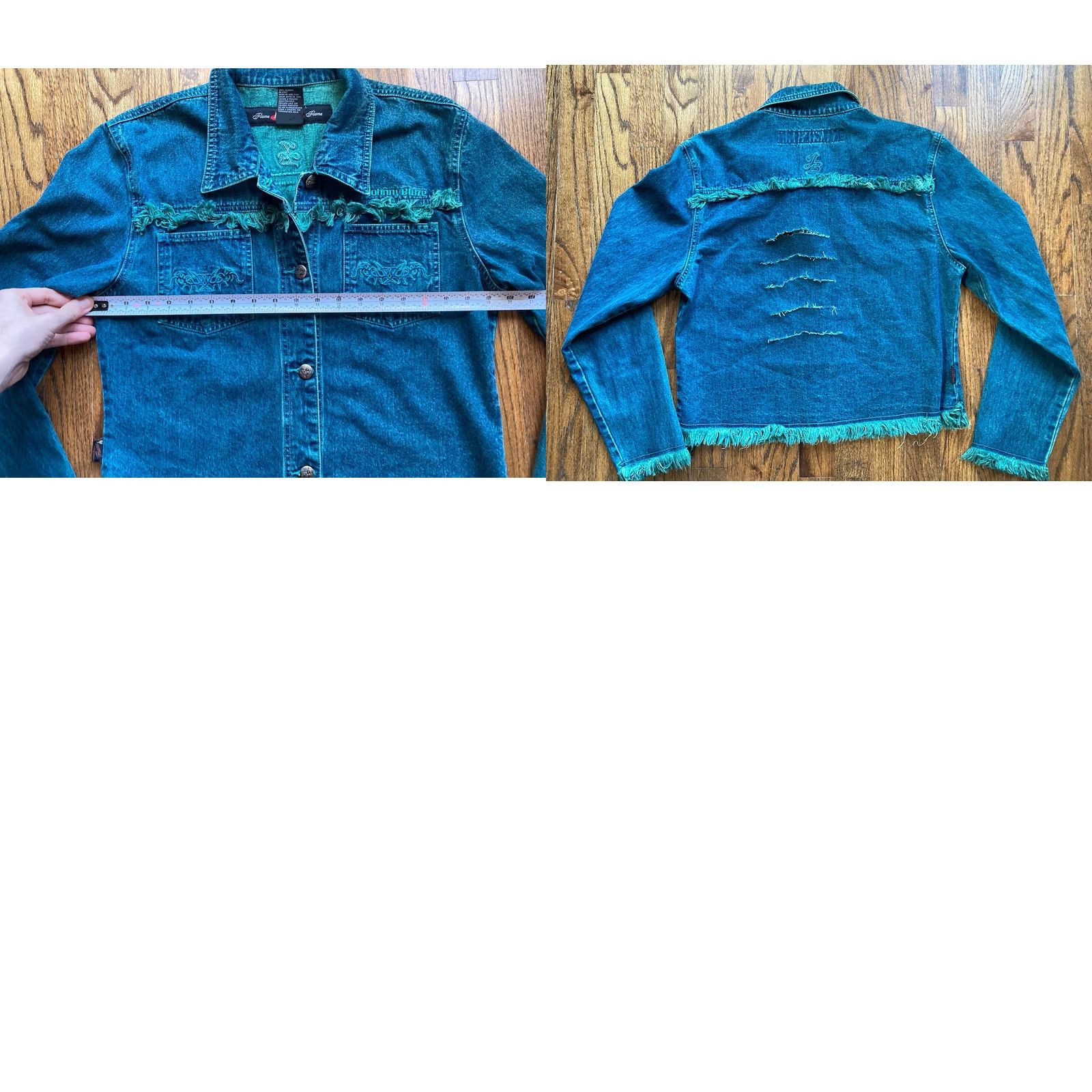 Denime VINTAGE Johnny Blaze Denim Jacket Womens Large Trucker Blue 90s Biker Casual Cotton Embroidered Logo Button Short Sleeve Size L / US 10 / IT 46 - 8 Thumbnail
