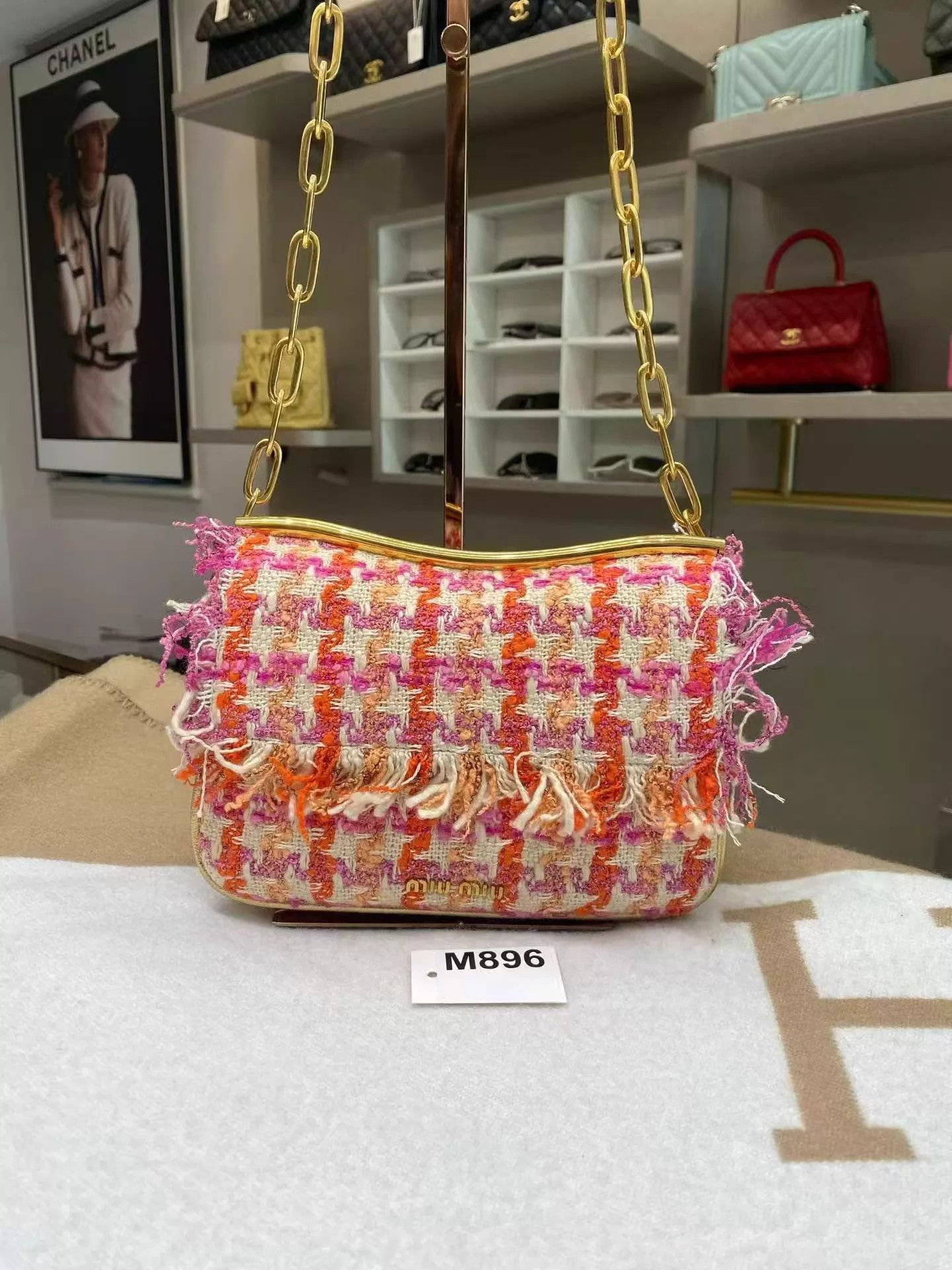 Miu Miu MIU MIU Pink Orange Houndstooth Fringed Chain Underarm Bag Size ONE SIZE - 4 Thumbnail