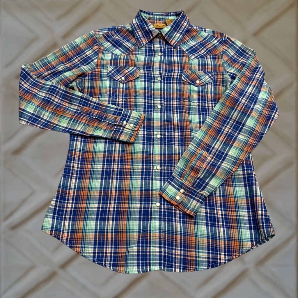 Wrangler Wrangler Shirt Womens S Western Pearl Snap Button Down Blue Orange Plaid Top Size S / US 4 / IT 40 - 1 Thumbnail