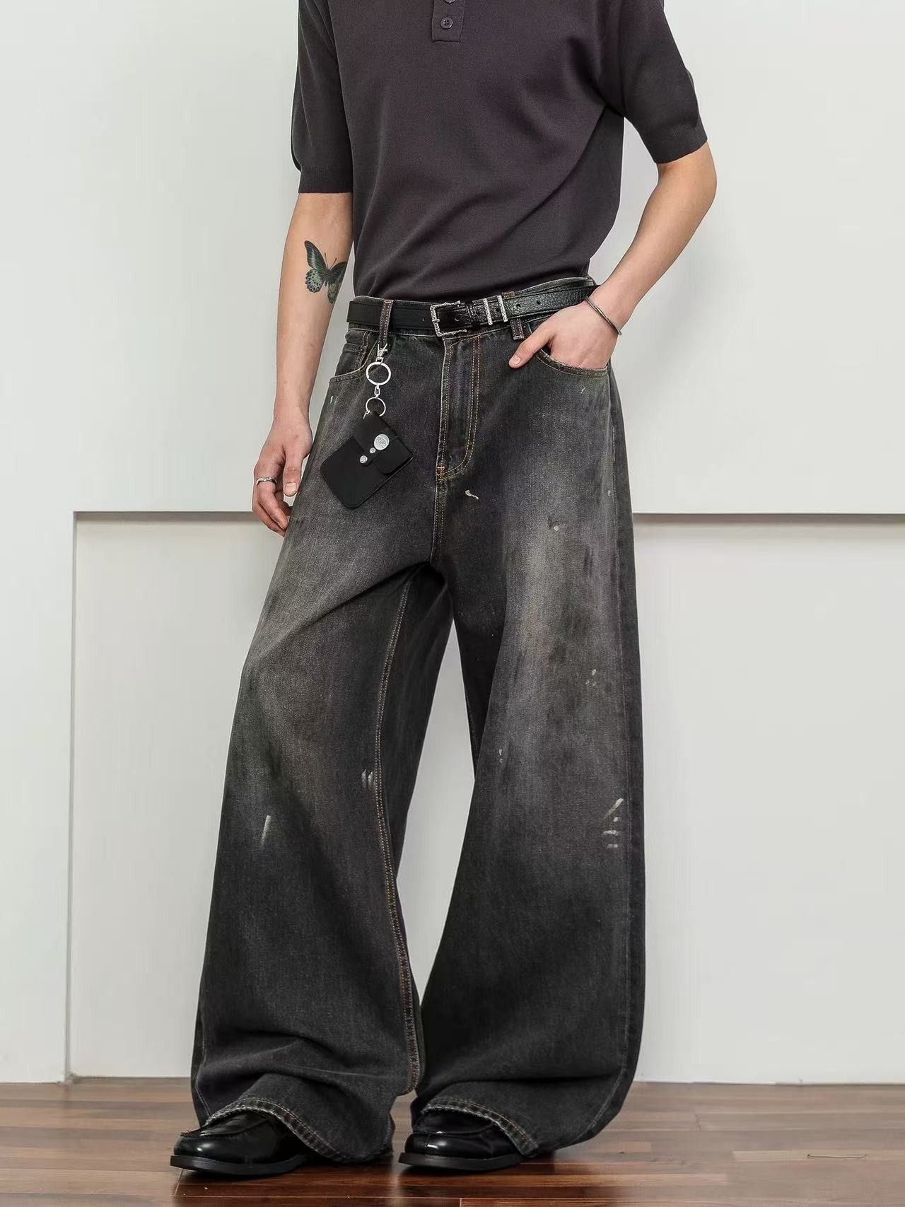 Vintage Retro men's loose straight ink-splashed graffiti jeans Size US 32 / EU 48 - 3 Thumbnail