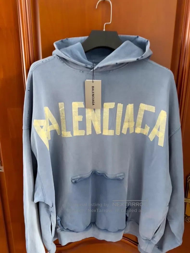 Balenciaga Balenciaga Haze Blue Distressed Tape Hooded Sweatshirt Size US XXL / EU 58 / 5 - 1 Thumbnail