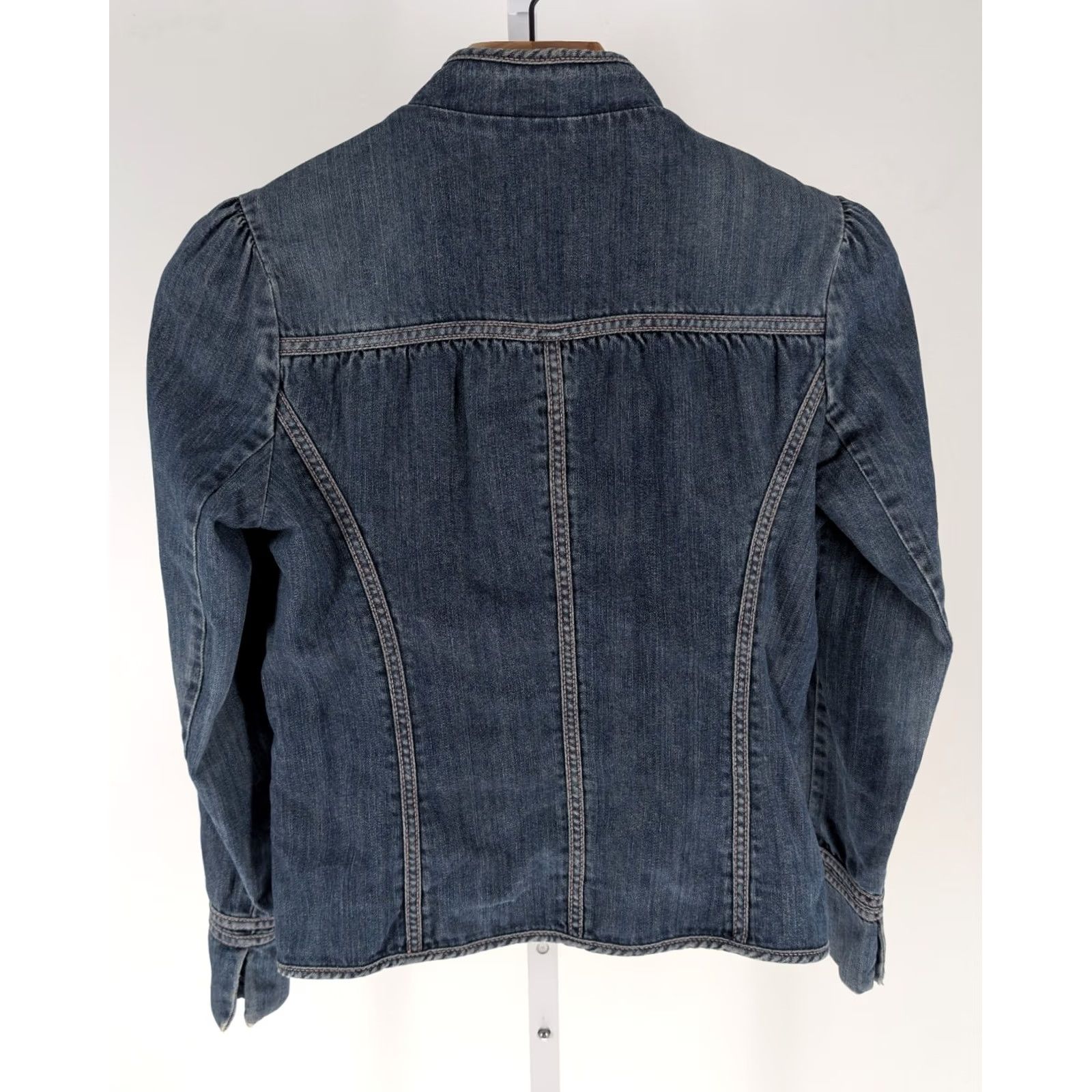 Gap VINTAGE Gap Denim Jacket Military Blazer Pink Stitch Puff Sleeve Y2K 2005 8 Blue Womens Size M / US 6-8 / IT 42-44 - 3 Thumbnail