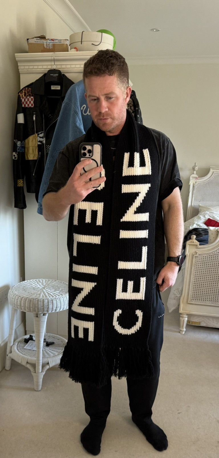 Celine $850 Celine black white logo scarf fringed in wool Sample Size ONE SIZE - 2 Thumbnail