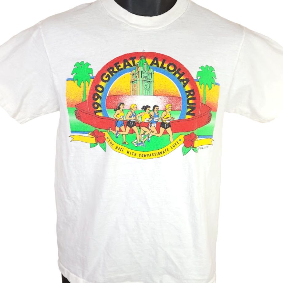 Hanes VINTAGE Hanes T-Shirt Mens Size S White 90s Great Aloha Run Hawaii Made In USA Running 10k 5k Race Mens Size US S / EU 44-46 / 1 - 2 Thumbnail