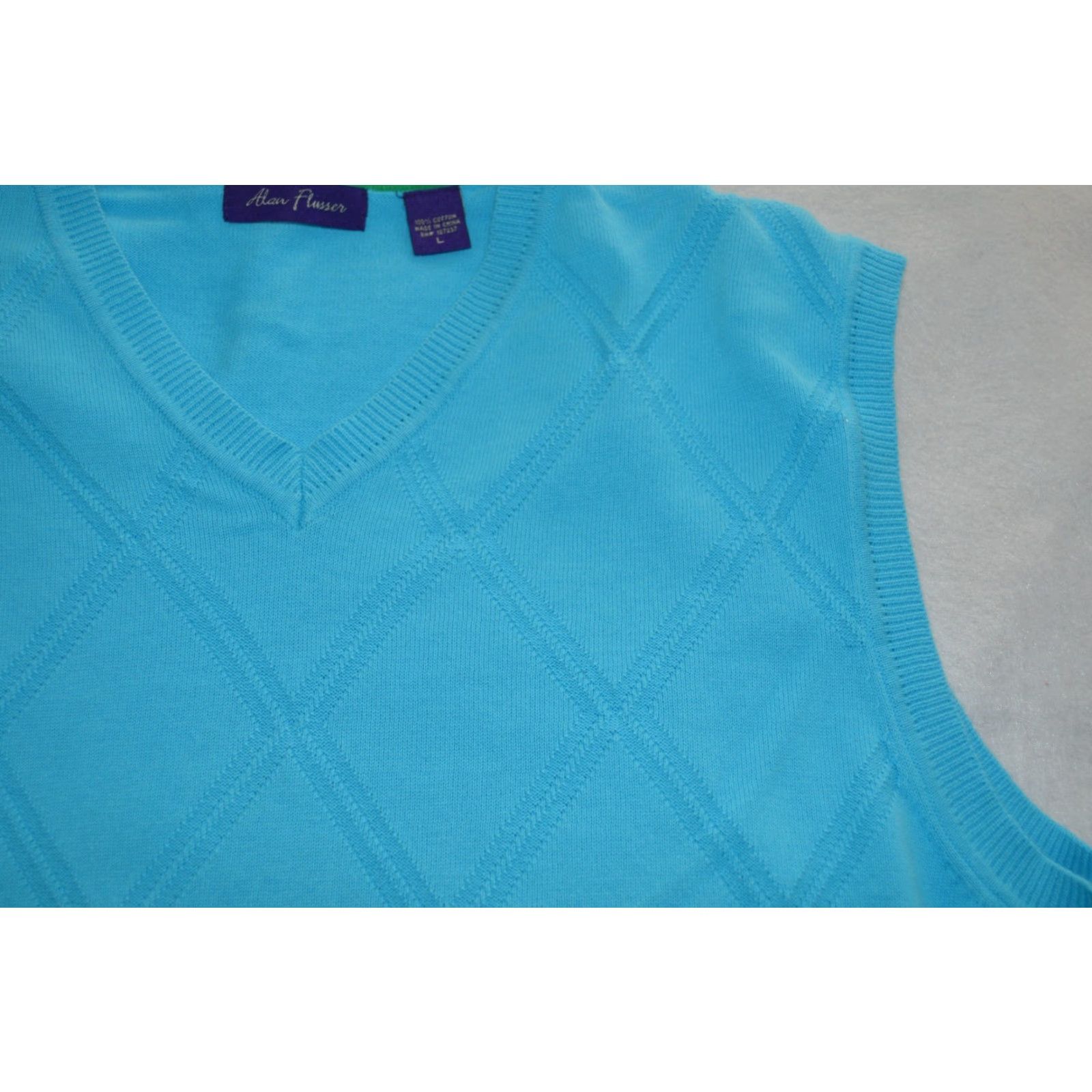 Vintage Alan Flusser Sweater Vest Men’s Large Blue Cotton Knit V-Neck Sleeveless Golf Casual Shirt? Size US L / EU 52-54 / 3 - 4 Thumbnail