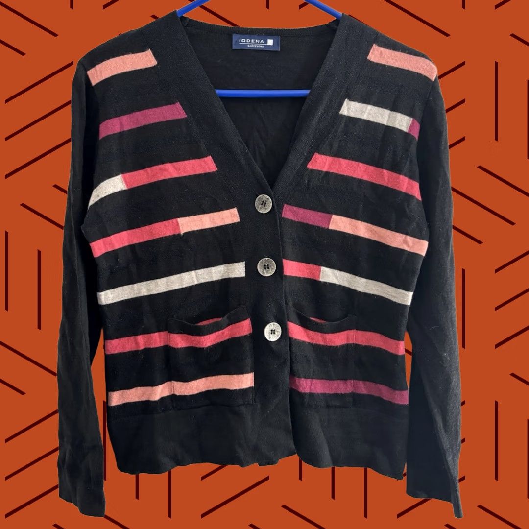 Vintage IODENA BARCELONA Cardigan Black Striped Knit Women Size XS Size XS / US 0-2 / IT 36-38 - 1 Thumbnail