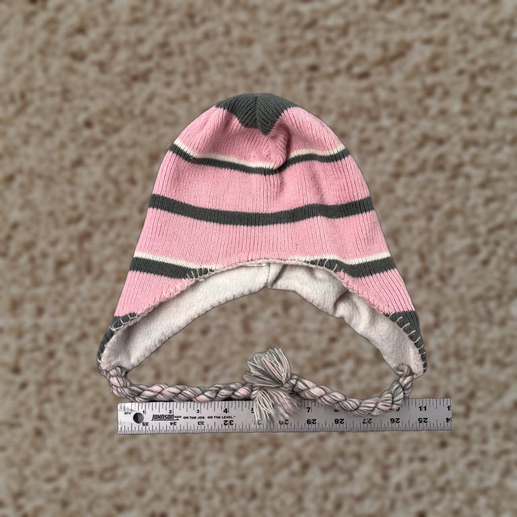 International Insignia Beanie Womens One Size Pink Gray Striped Knit Acrylic Ear Flaps Scotland Outdoor Ski