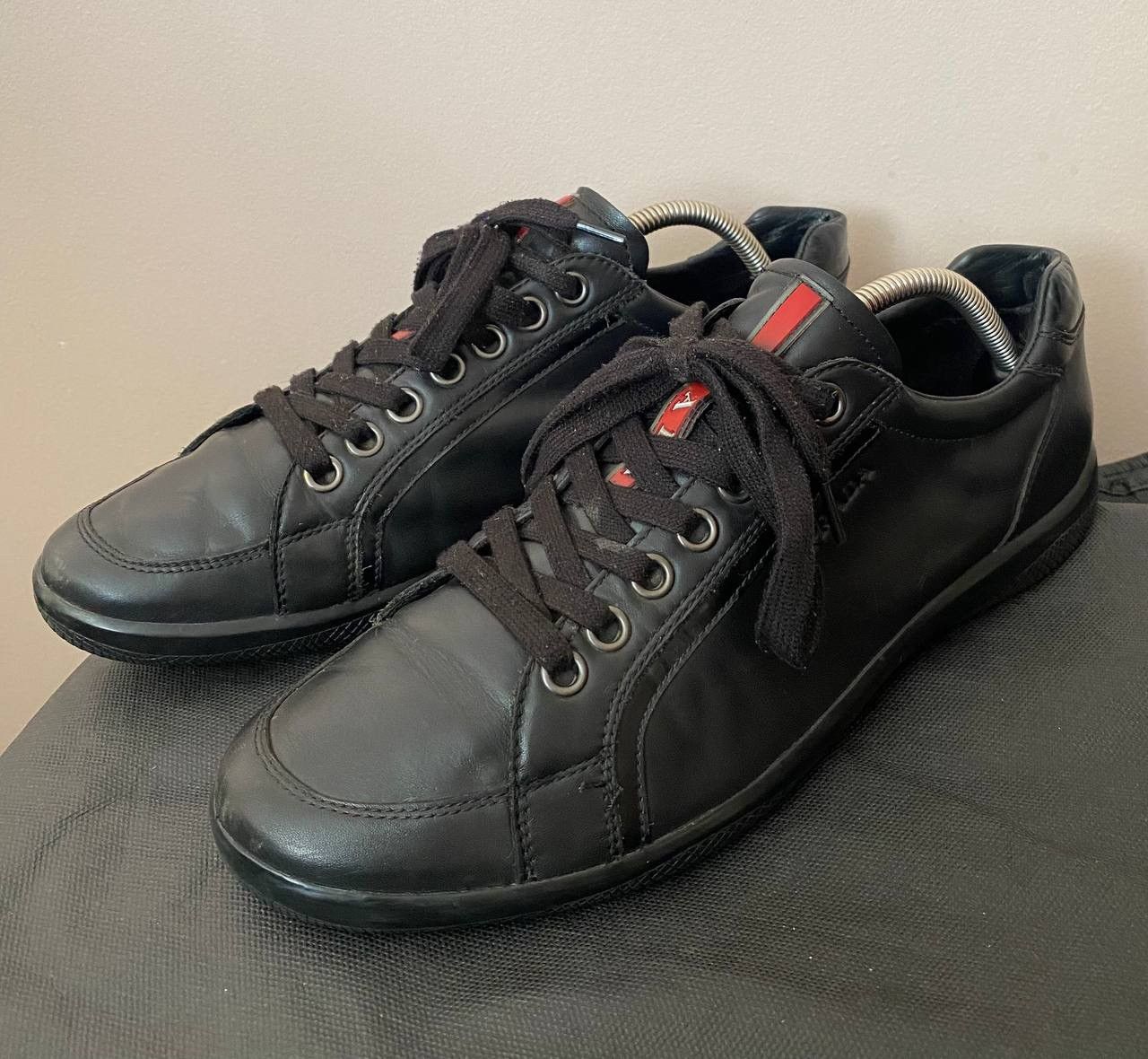Prada 🔥 PRADA Mens Black Leather Low Top Sneakers Trainers Shoes Size US 8 / EU 41 - 4 Thumbnail