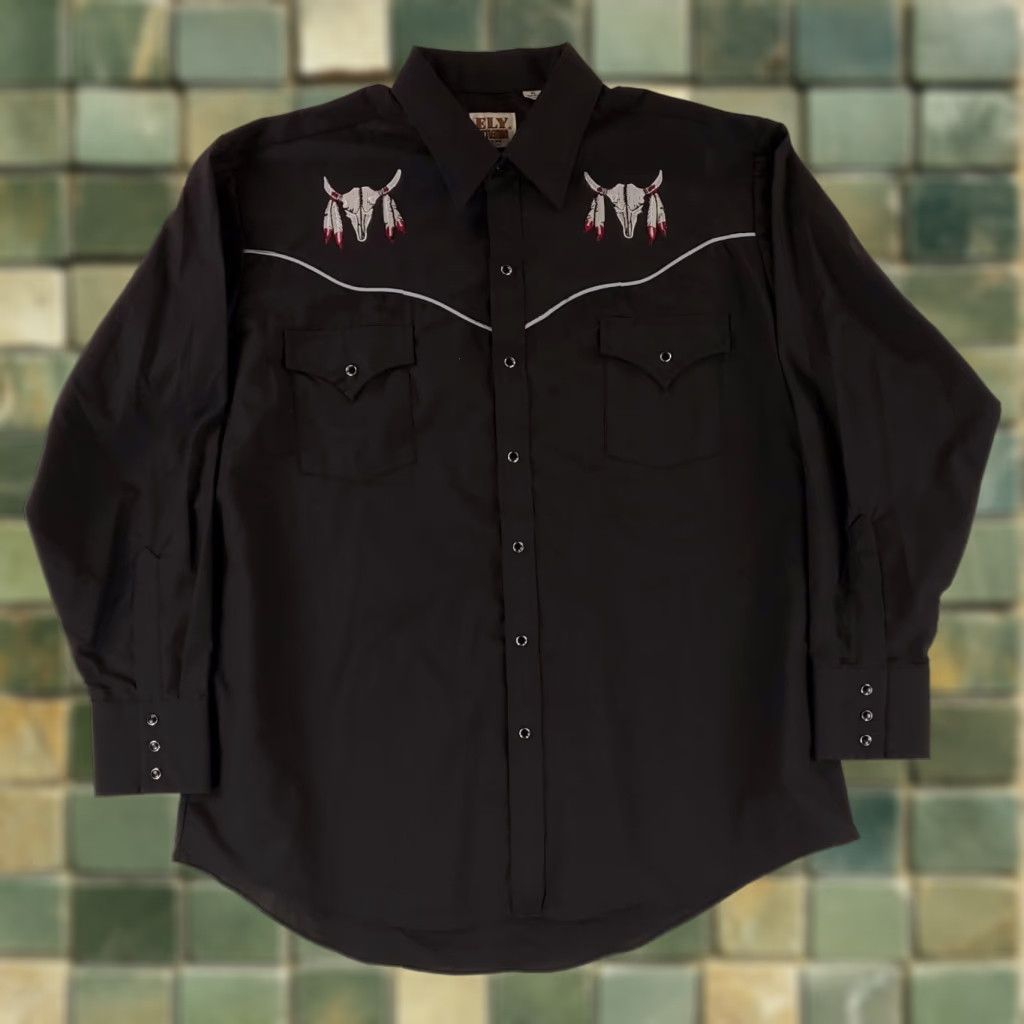 Vintage Ely Cattleman Shirt Gaucho Pearl Snap Long Sleeve Black Cow Skulls Mens XL Shirt Size US XL / EU 56 / 4 - 1 Thumbnail