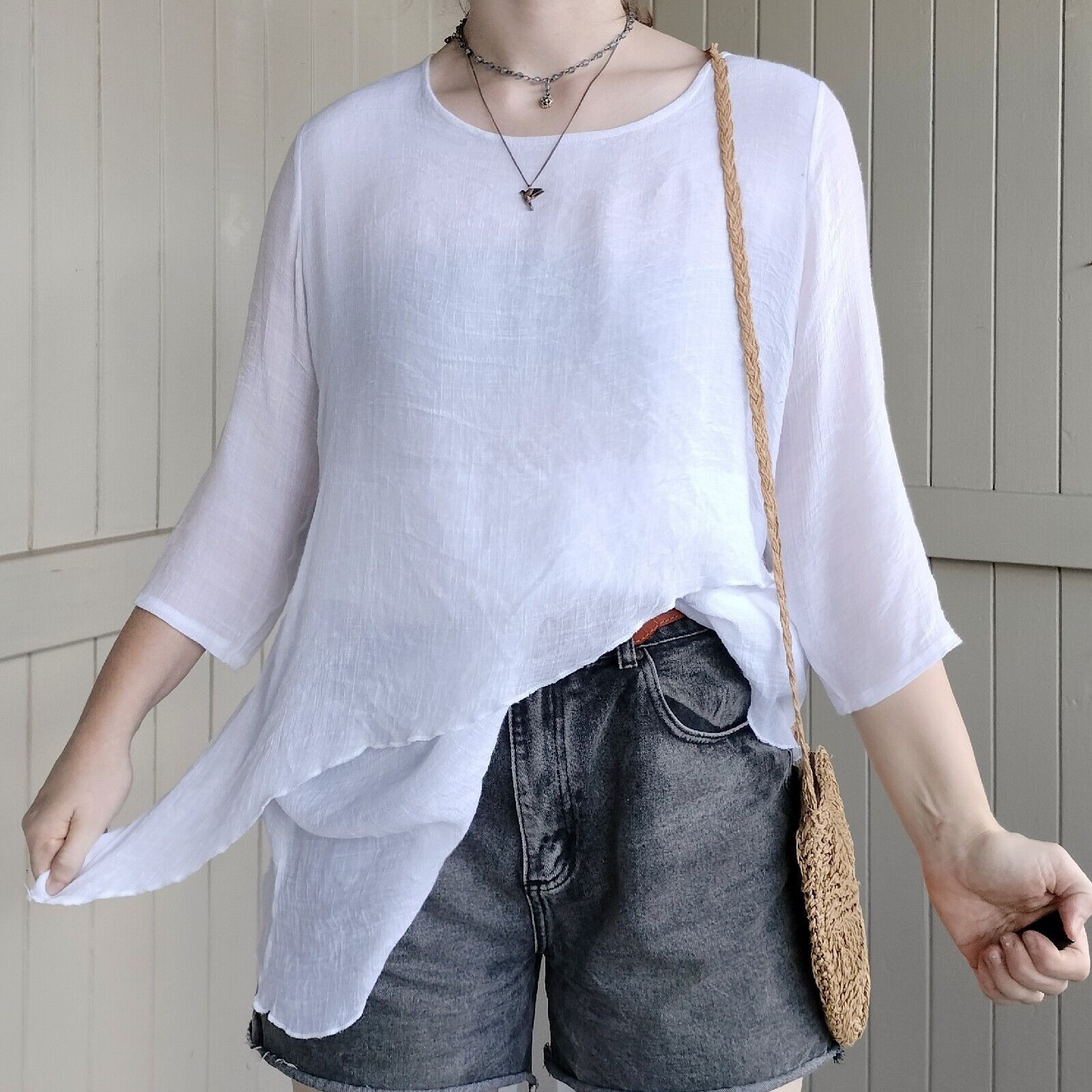 Designer Lilia Tunic Top White Linen Cotton Ethereal Size L / US 10 / IT 46 - 1 Thumbnail