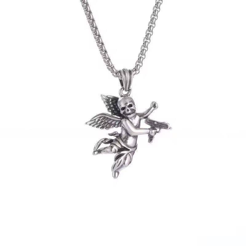 Jewelry Goth Devil Skull Angel Holding Machine Gun Pendant Necklace Size ONE SIZE - 1 Thumbnail
