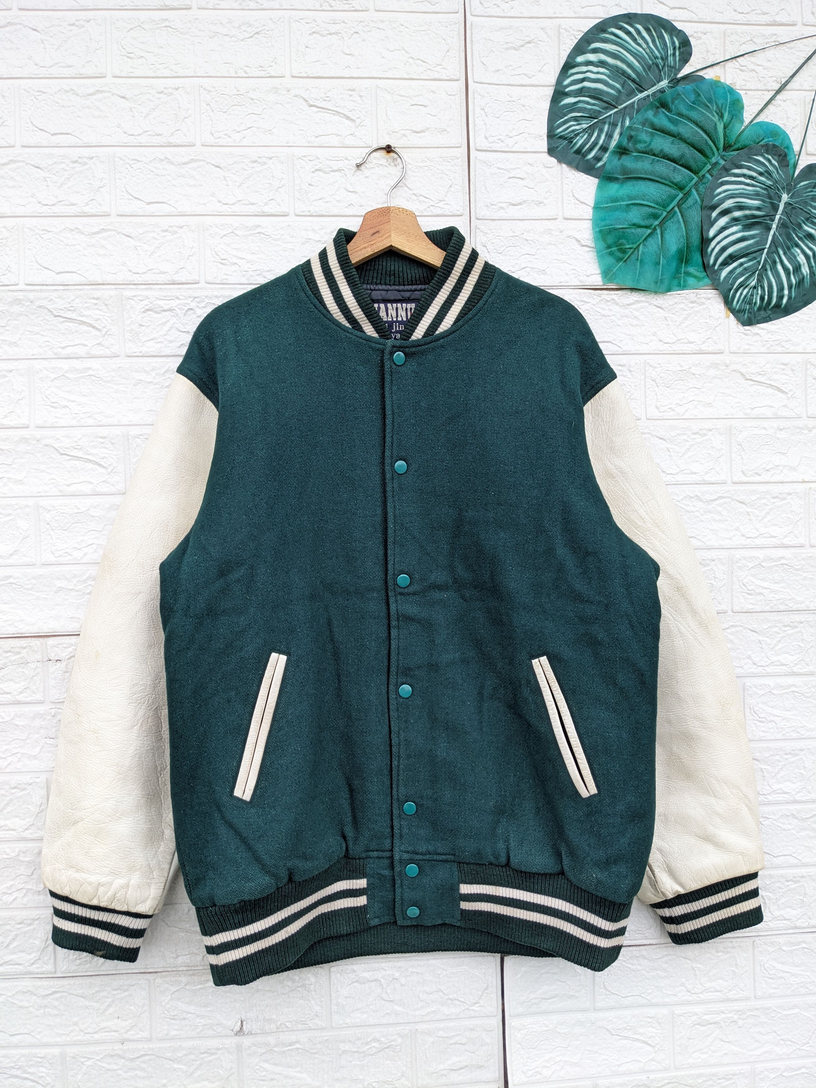 image of Leather Jacket x Varsity Jacket Vintage Jannu2 Leather Sleeve Varsity Jacket in Green (Size XL)