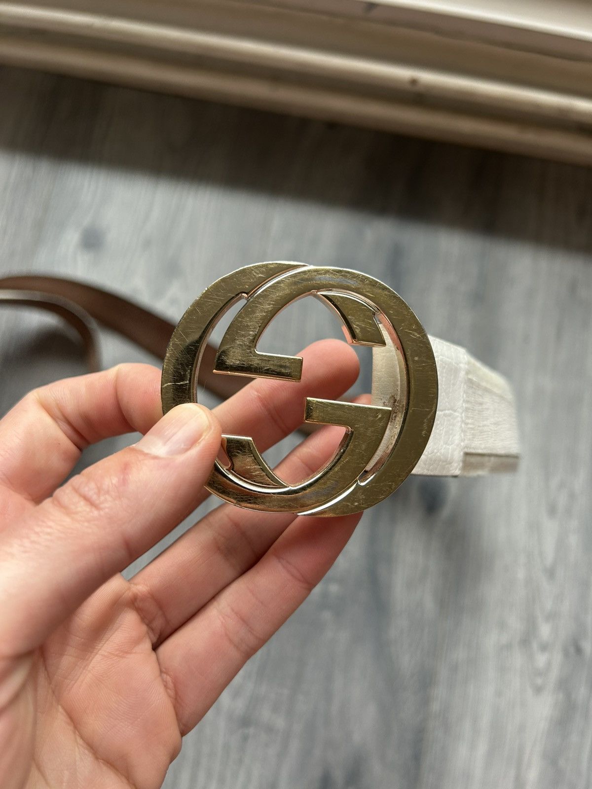 Gucci White GG Buckle Leather Monogram Belt Size 38 - 2 Thumbnail