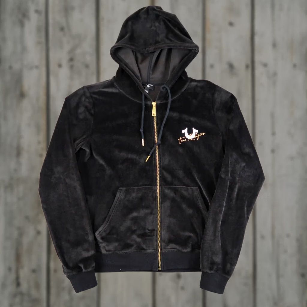 True Religion Vintage True Religion Velour Zip Up Hoodie Women's XL Black Logo Shape: Full Zip, Hooded, Pockets, Activewear Size XL / US 12-14 / IT 48-50 - 1 Thumbnail