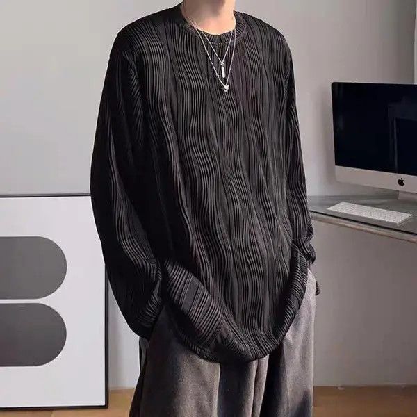 VIBE Korean fashion black wave pleats long sleeve top pullover Size US L / EU 52-54 / 3 - 1 Thumbnail