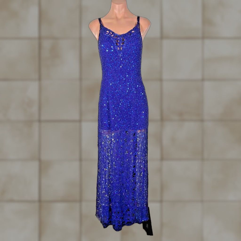 VINTAGE Beaded Dress Floral Fairy Gown Womens Sz S Blue Caged Evening Prom Maxi Dress
