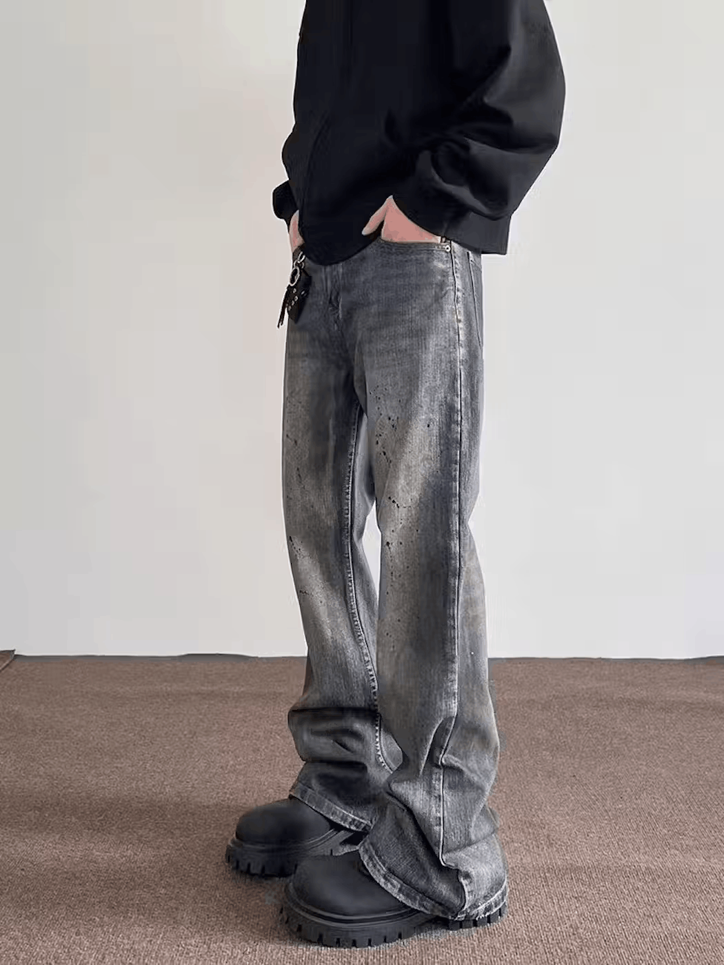 Japanese Brand × Jean Street distressed straight-leg micro-flared ink-dotted jeans Size US 32 / EU 48 - 2 Thumbnail