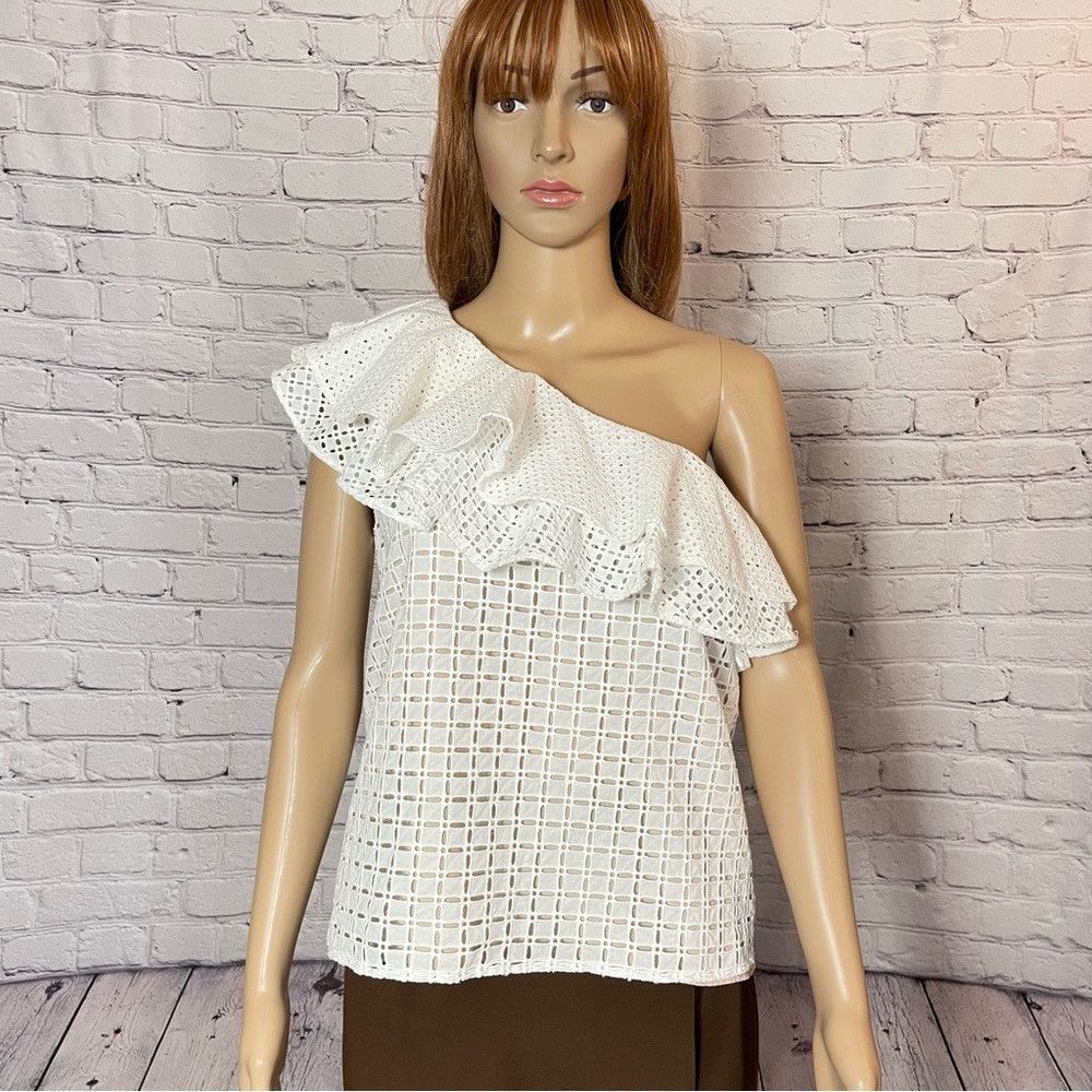 J.Crew J. Crew White One-Shoulder Ruffle Eyelet Cotton Top Size 2 Size XS / US 0-2 / IT 36-38 - 3 Thumbnail