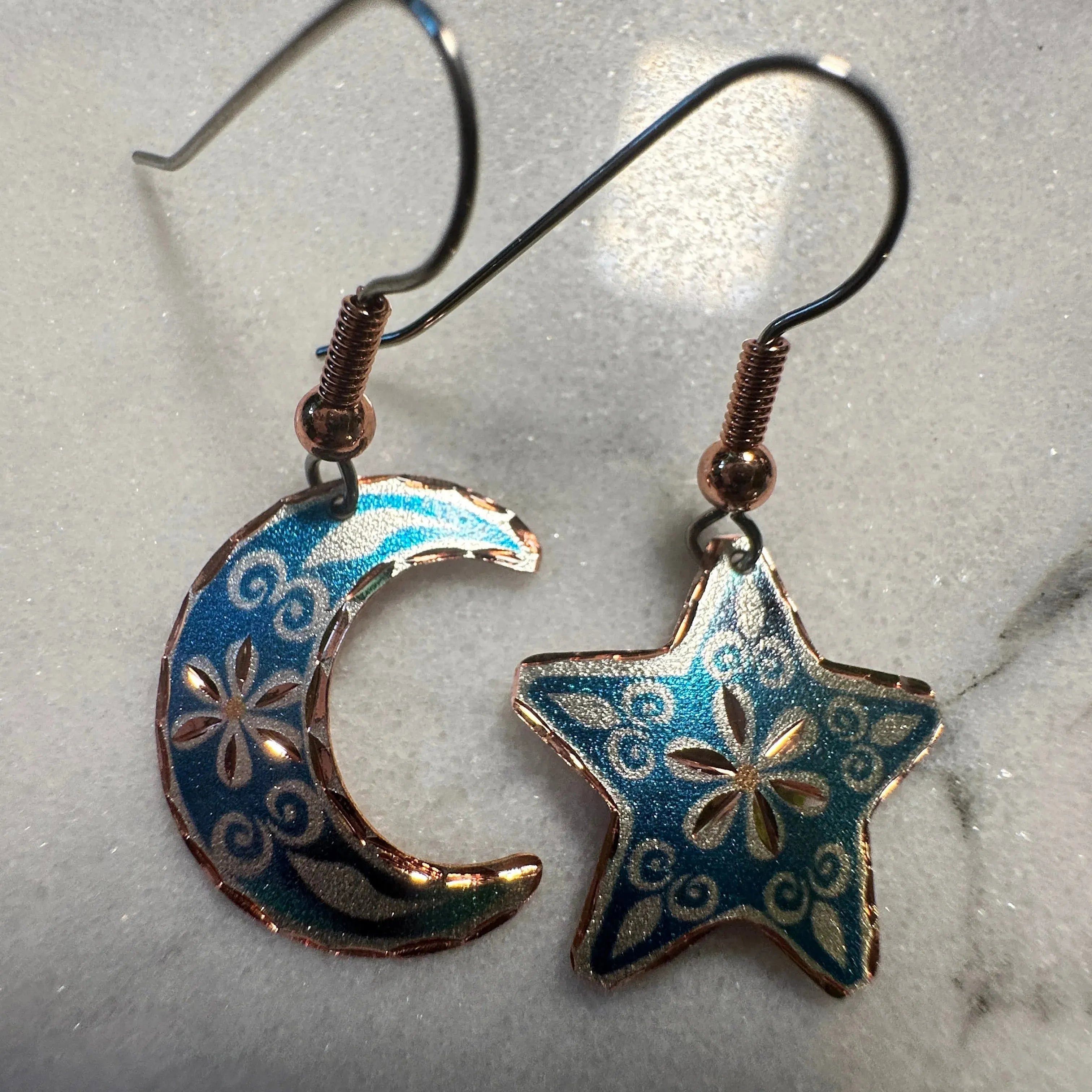 Other Handcrafted Blue Moon & Star Earrings, Wire Drop Copper Diam Size ONE SIZE - 7 Thumbnail
