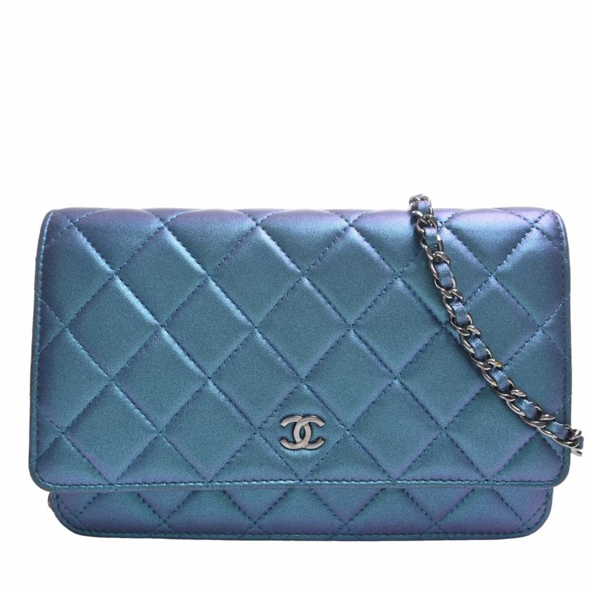 Chanel CHANEL Leather Matelasse Coco Mark Chain Shoulder Long Wallet Blue  Ladies