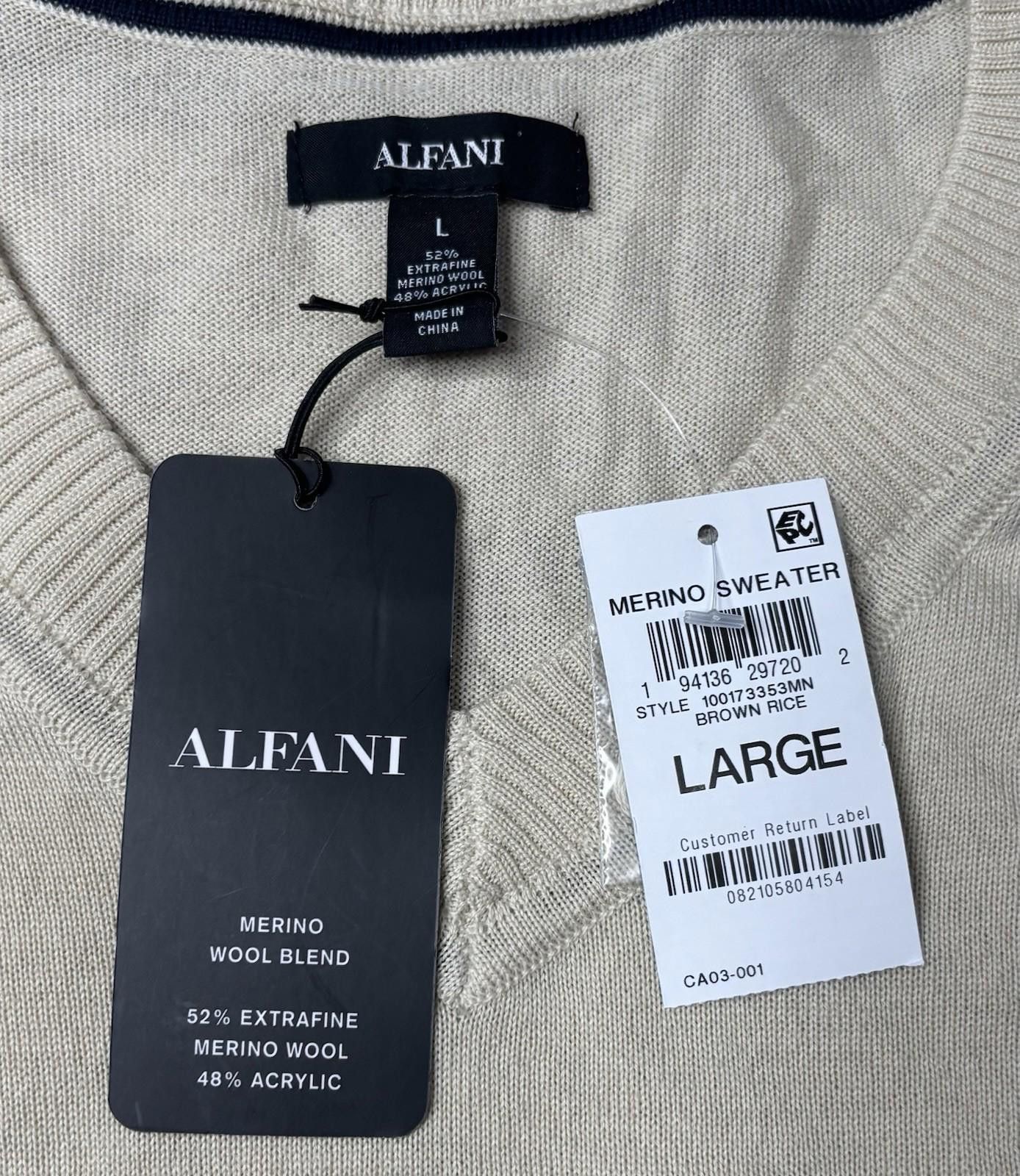 Alfani Alfani Sweater Mens Large Merino Wool Blend Beige V-Neck NEW Size US L / EU 52-54 / 3 - 2 Thumbnail