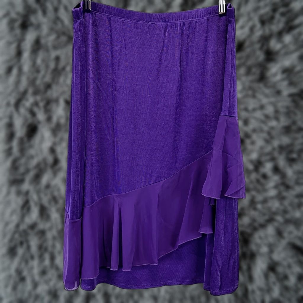 Vintage Slinky Brand Knee Length Skirt Womens 1X Plus Purple Ruffle Comfort Travel Knit Acrylic Acetate Size 40" / US 18 - 1 Thumbnail