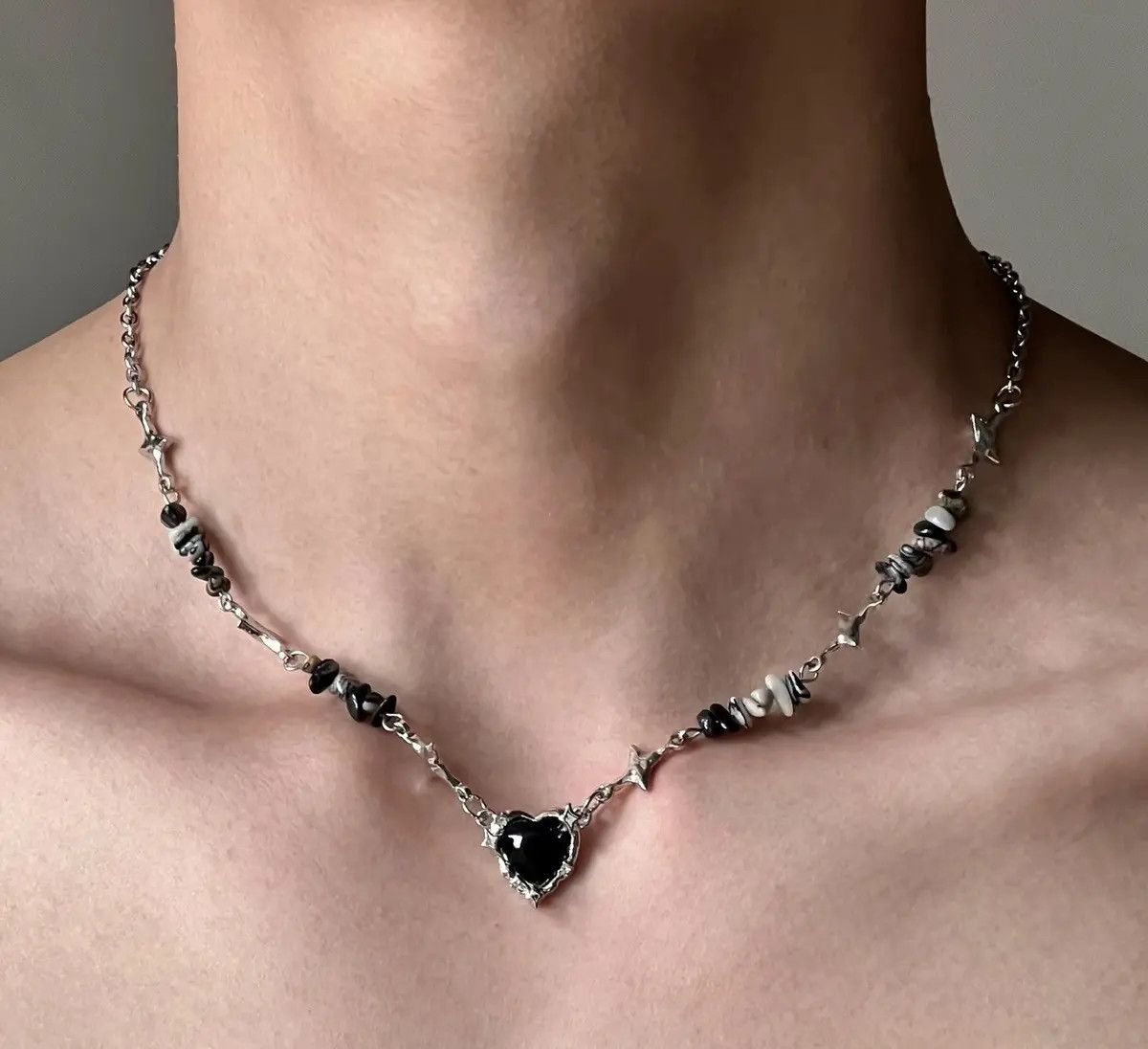 Jewelry Retro Punk Black Heart Star Stone Chain Necklace Choker Y2K in Silver, Men's