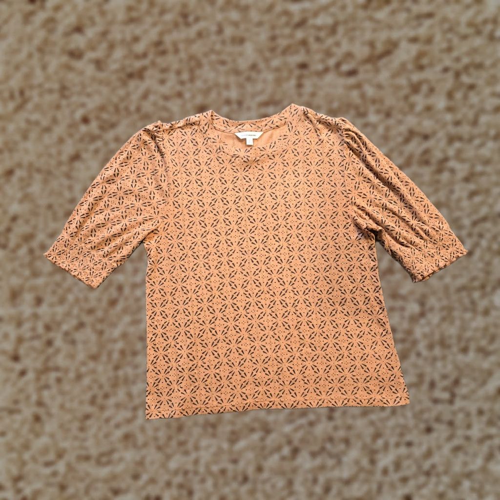 Lucky Brand Lucky Brand Top Womens Size Large Brown Textured Ribbed Short Sleeve Casual Regular Stretch Cotton Polyester Round Neck Pullover Geometric Pattern Cap Size L / US 10 / IT 46 - 1 Thumbnail