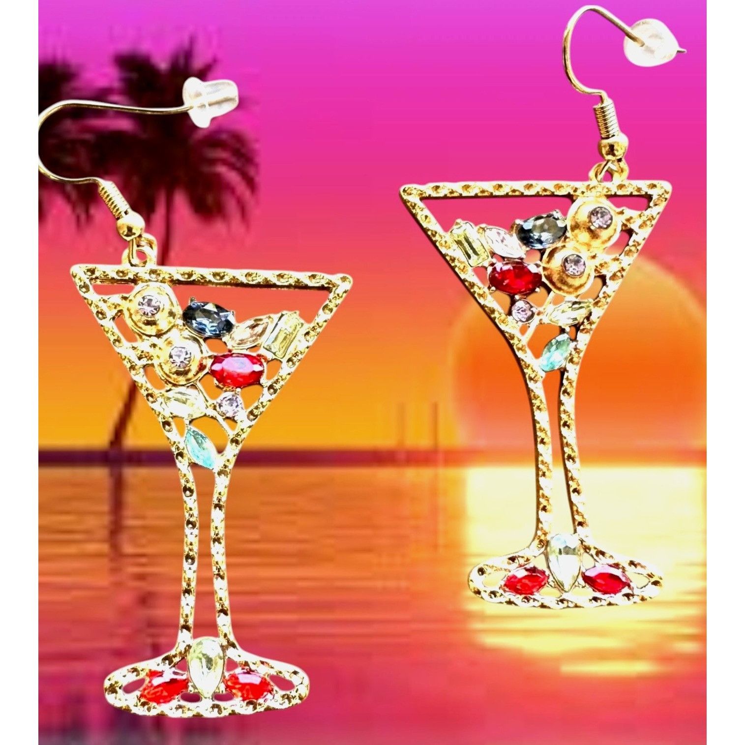 Handmade Cocktail Drink Earrings Martini Rhinestones Cruise Beach Isl Size ONE SIZE - 1 Thumbnail