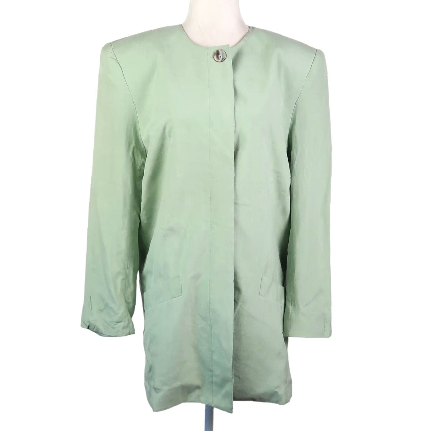 Vintage VINTAGE 90s Light Green 100% Silk Collarless Longline Blazer Jacket S Size S / US 4 / IT 40 - 2 Thumbnail
