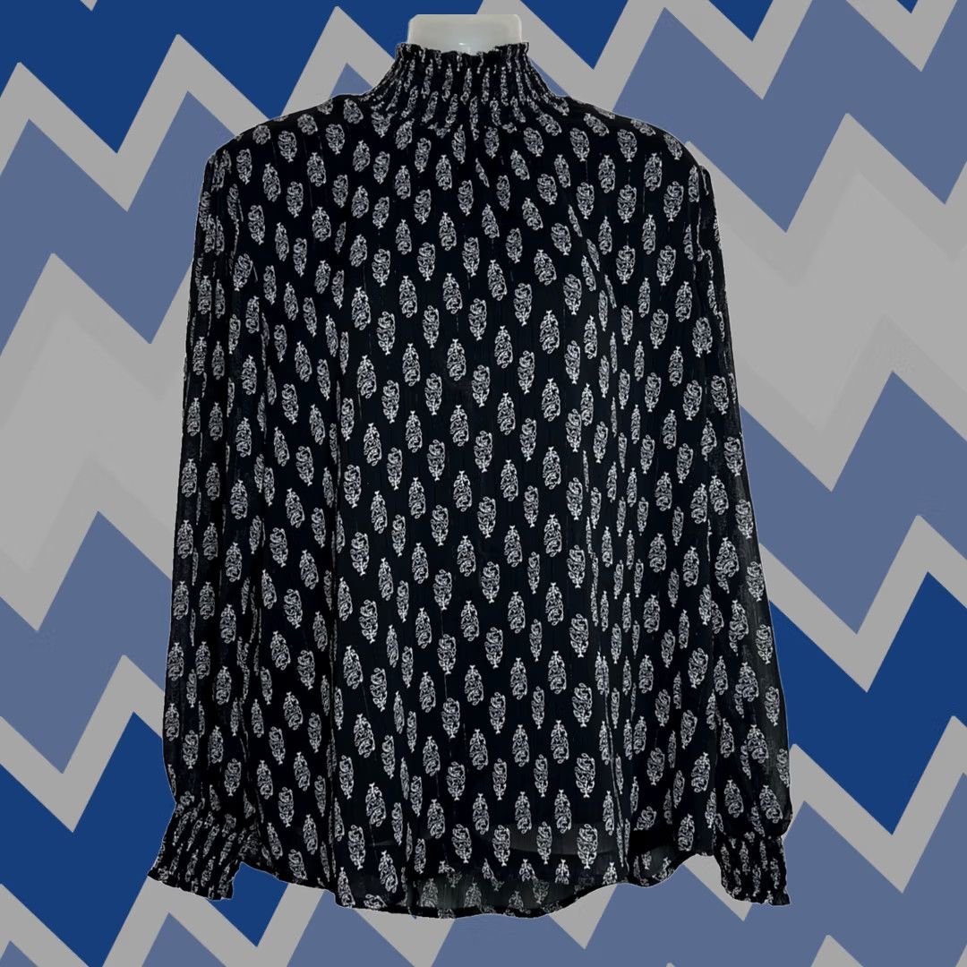Vintage NY Collection Floral Smocked Mock Neck Top Womens XL Black White Metallic Office Size XL / US 12-14 / IT 48-50 - 1 Thumbnail