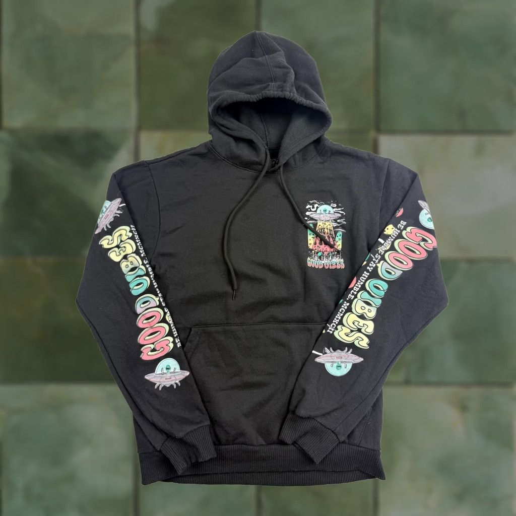 VIBE FRESH LAUNDRY Hoodie Mens Small Black Pullover Fleece Graphic Print Good Vibes Space UFO Mushrooms Crew Neck Pockets Long Sleeve Size US S / EU 44-46 / 1 - 1 Thumbnail