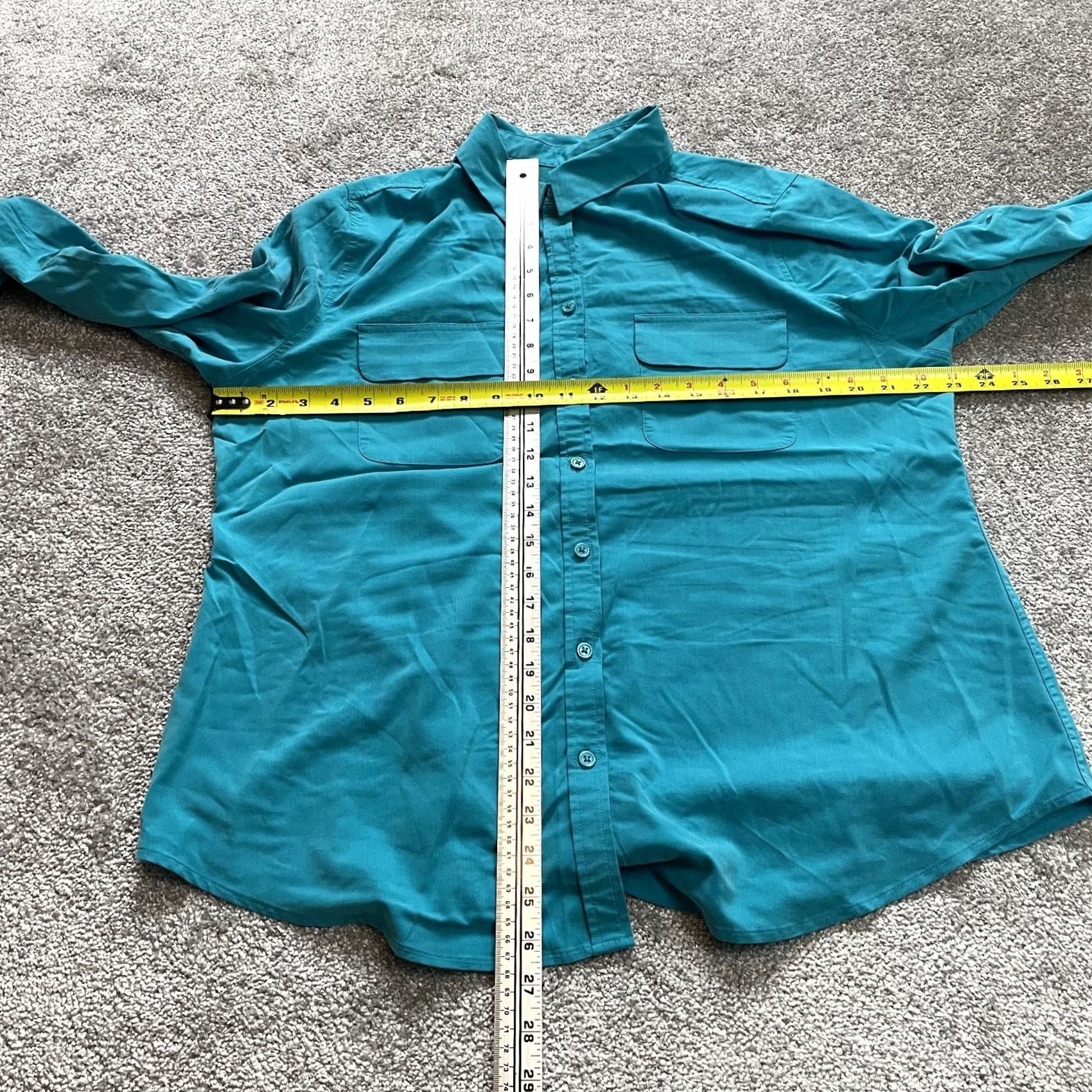 Vintage Chico's Button Up Blouse Shirt Womens 12 Teal Blue Casual Sleeve Collared Knit Modal Polyester Spandex Stars Pockets Vintage No Size XL / US 12-14 / IT 48-50 - 2 Thumbnail