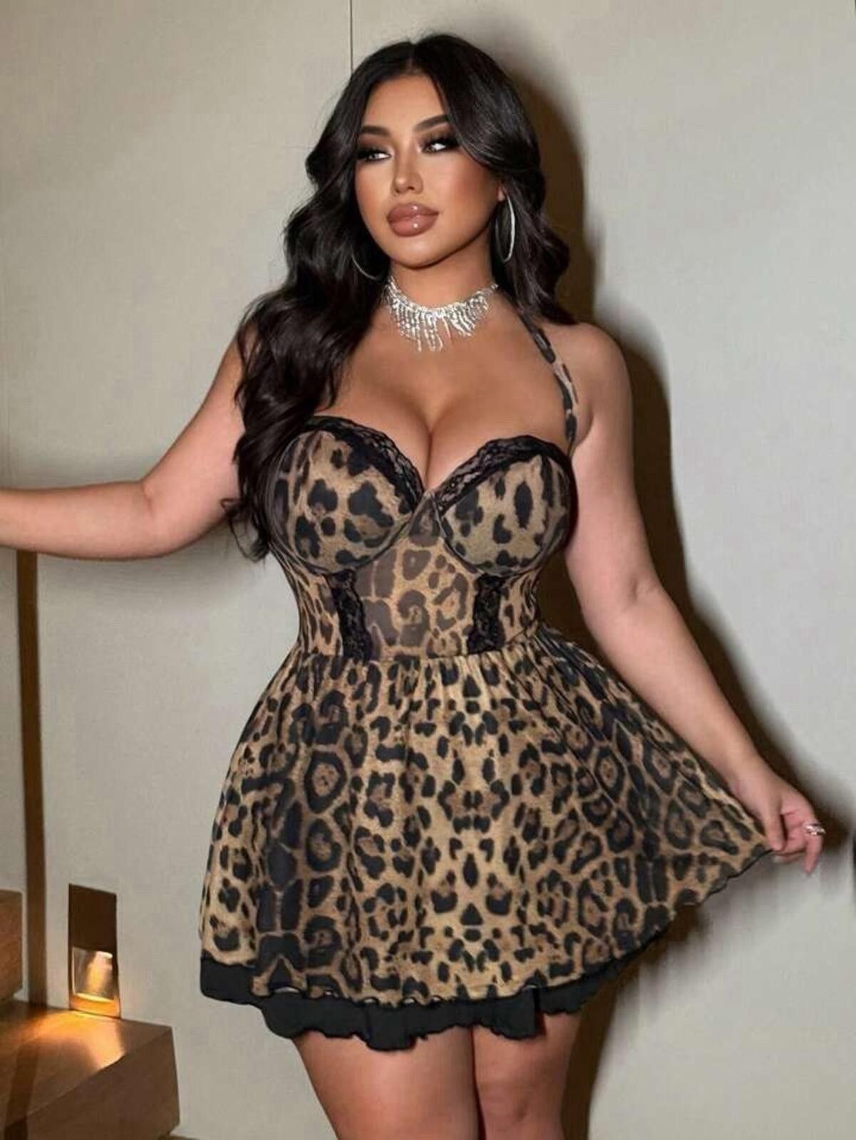 The Unbranded Brand women Leopard Lace Patchwork A-Line Hem Mini Dress Size 1XL Size XL / US 12-14 / IT 48-50 - 5 Thumbnail