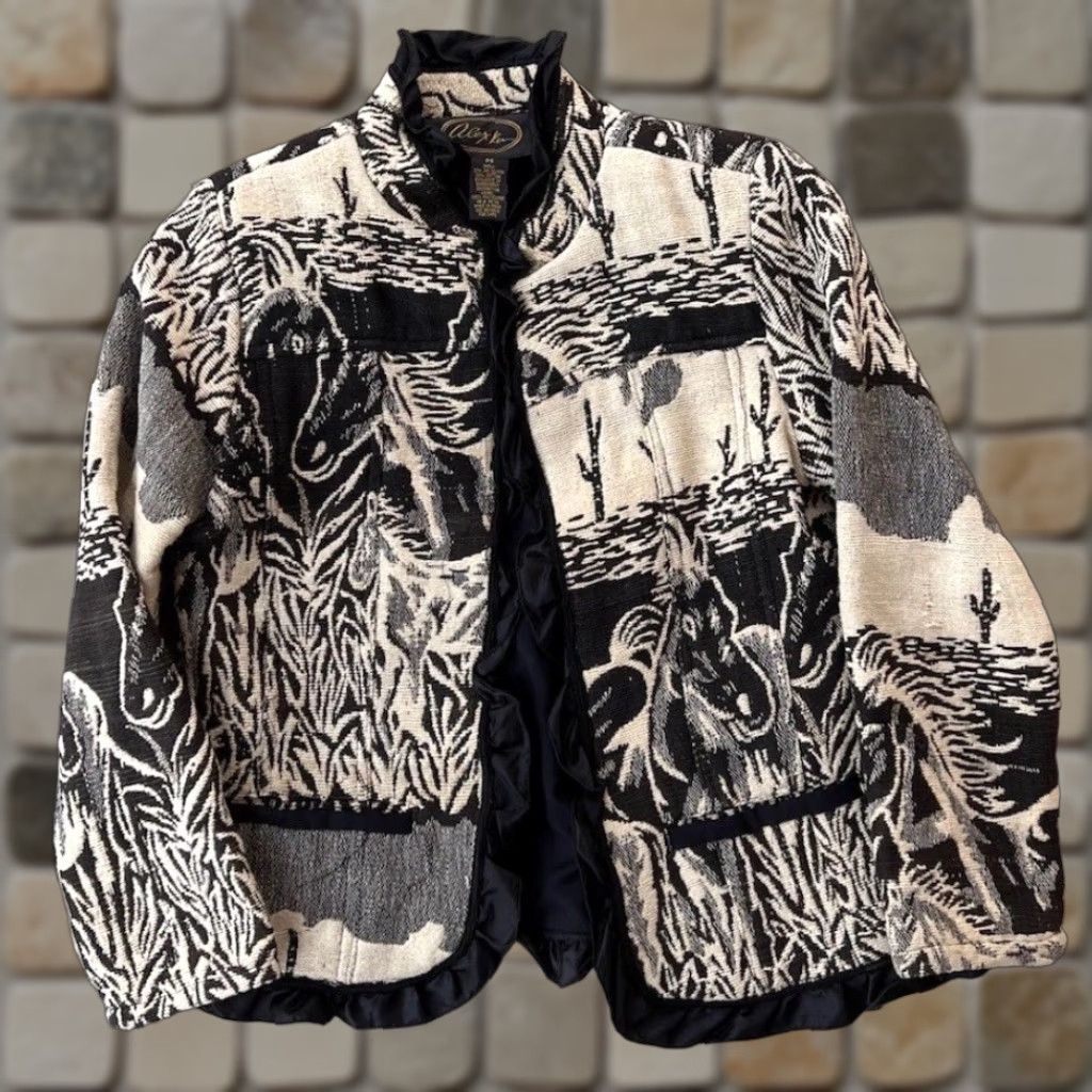 VINTAGE Alex Kim Jacket Women Small Multicolor All Over Print Horses Equestrian 90s Desert Cactus Baroque Theme