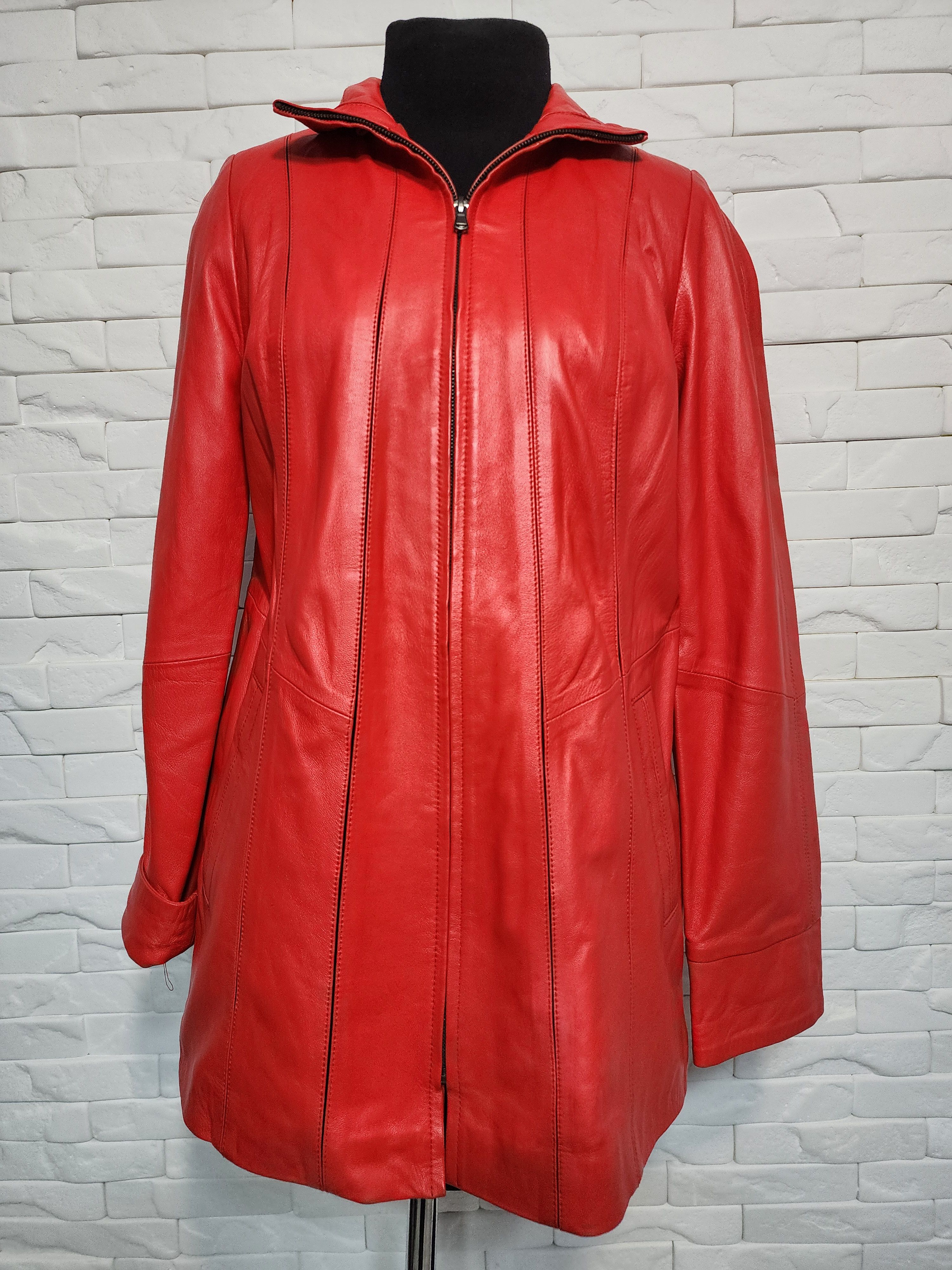 Genuine Leather Red Leather Jacket: Women's Leather Coat with Fur Hood Size M / US 6-8 / IT 42-44 - 10 Thumbnail