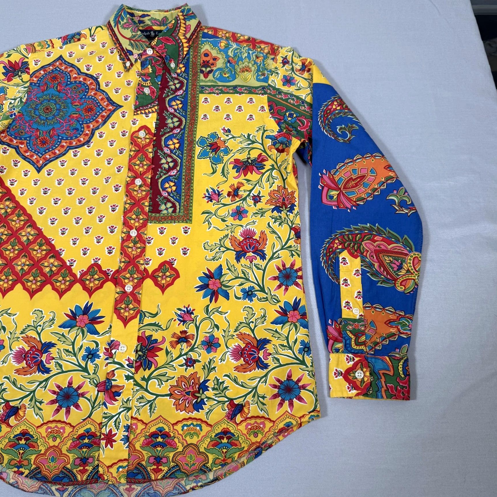 Polo Ralph Lauren VINTAGE Polo Ralph Lauren Shirt Mens M Yellow Floral Paisley 90s Button-Up Long Sleeve Cotton Shirt Size US M / EU 48-50 / 2 - 5 Thumbnail