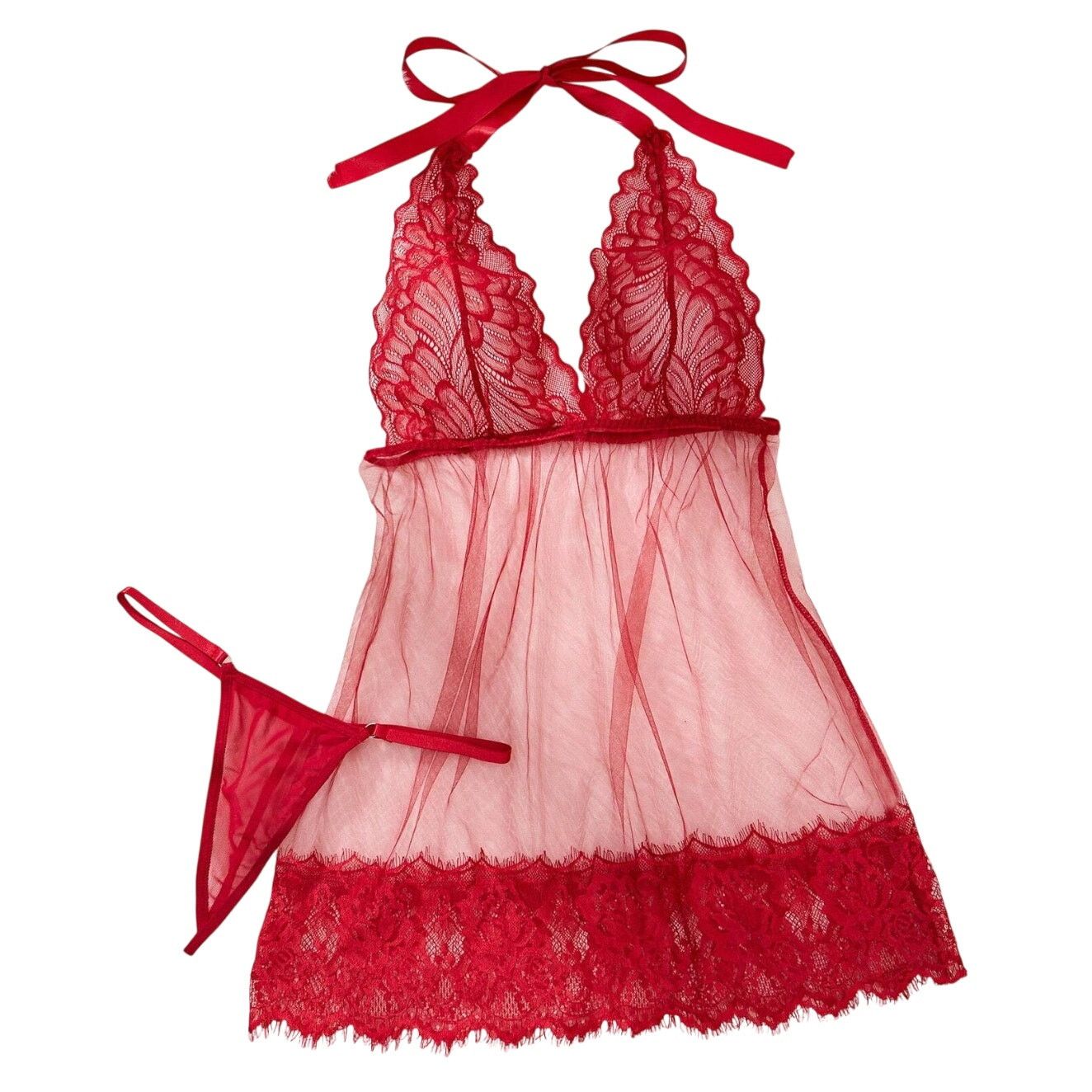 Shein Lace & Mesh Contrast Halter Neck Babydoll Lingerie Dress Size ONE SIZE - 1 Preview