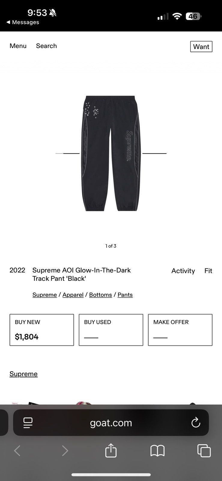Supreme AOI Glow-In-The-Dark Track Pant 'Black'