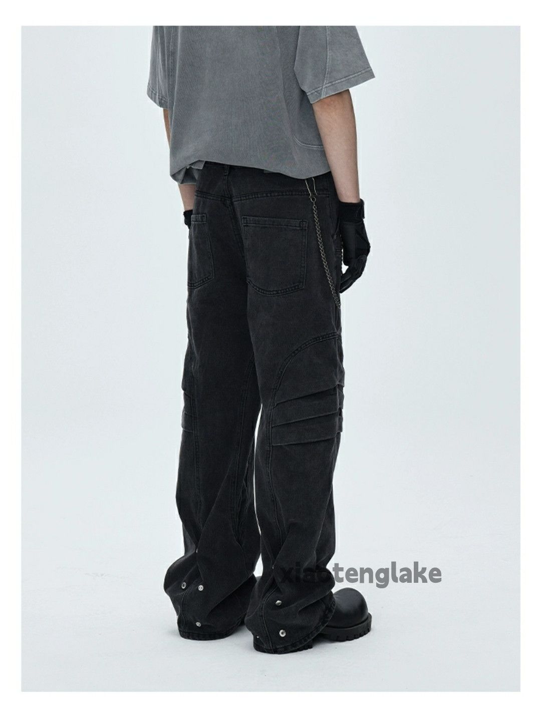 loose biker cargo patchwork washed faded jeans