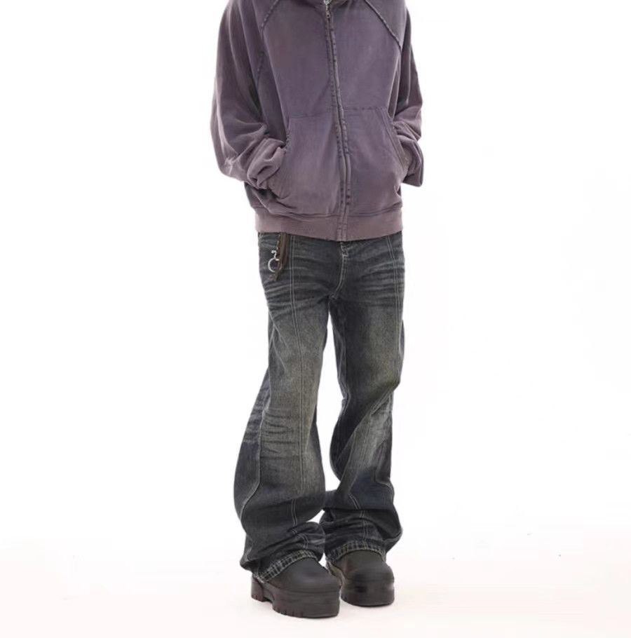 Vintage deconstructed corrugated micro-flared denim trousers