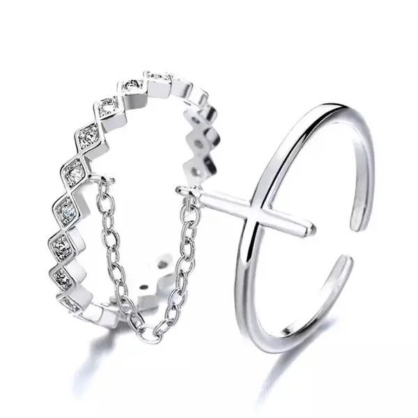 Japanese Brand Geometric Double Ring Cross Chain Open Ring Size ONE SIZE - 2 Thumbnail