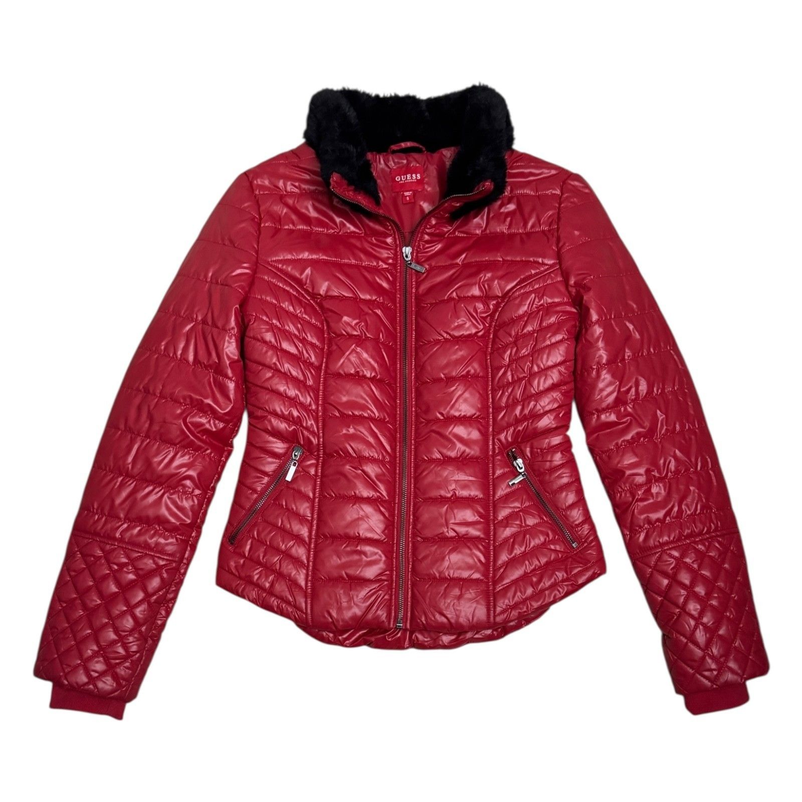 GUESS Red Designer Winter Puffer Faux Fur Jacket Coat Small