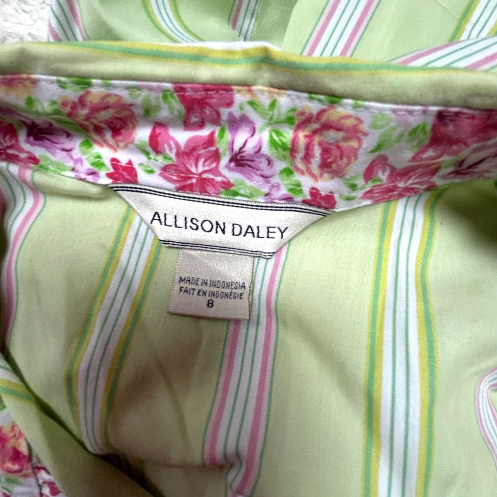 Vintage Allison Daley Women's Top Green Striped Button Down Shirt 3/4 Sleeve Size 8 Size M / US 6-8 / IT 42-44 - 3 Thumbnail